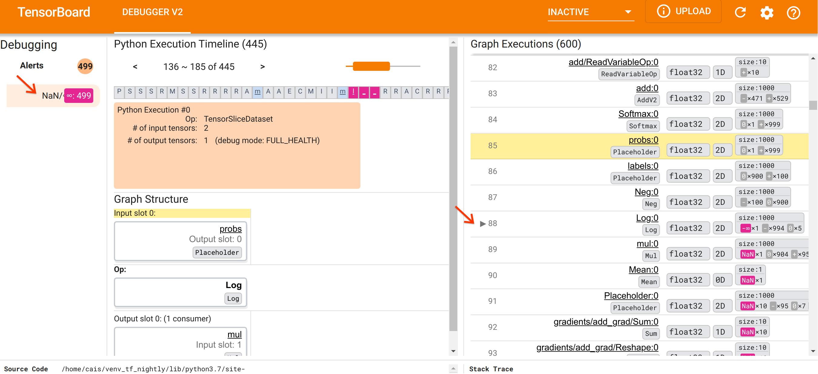 Debugger V2: Peringatan Nan / Infinity dan daftar eksekusi grafik